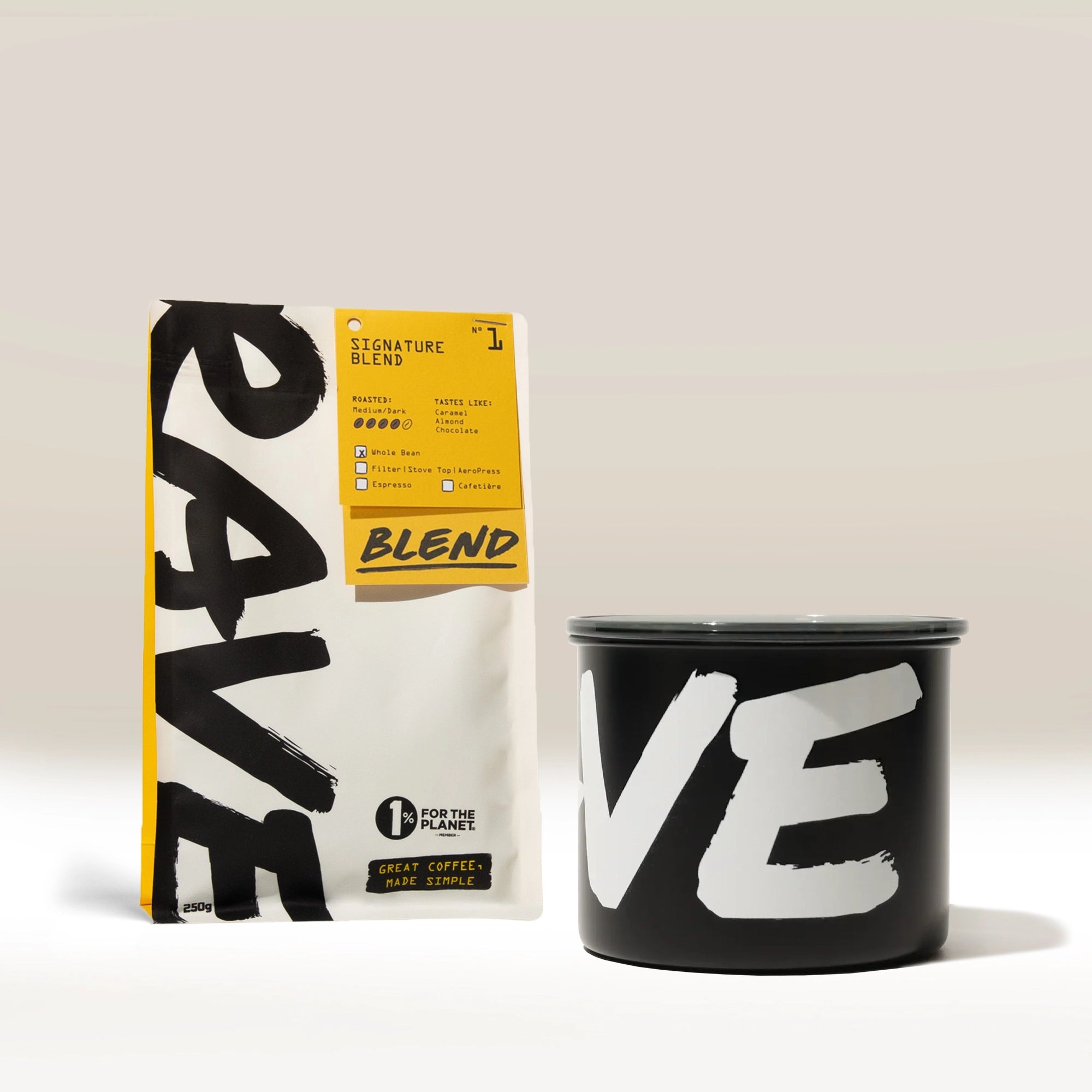 Rave Coffee Airscape cutie cafea boabe 250g negru pe alb