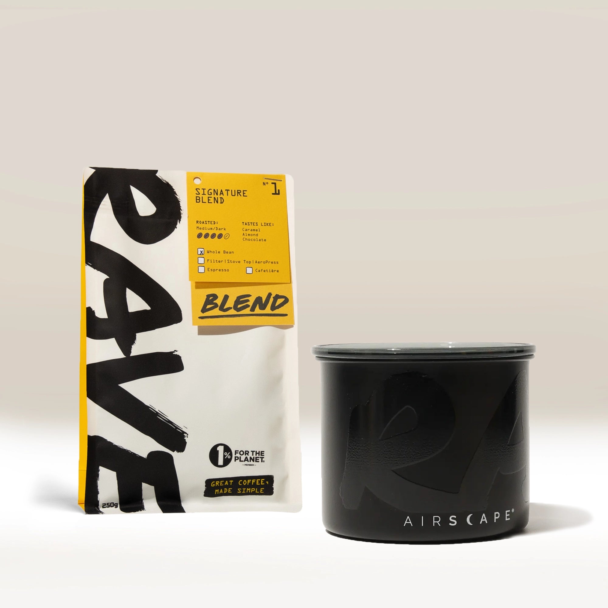 Rave Coffee Airscape cutie cafea boabe 250g negru pe alb
