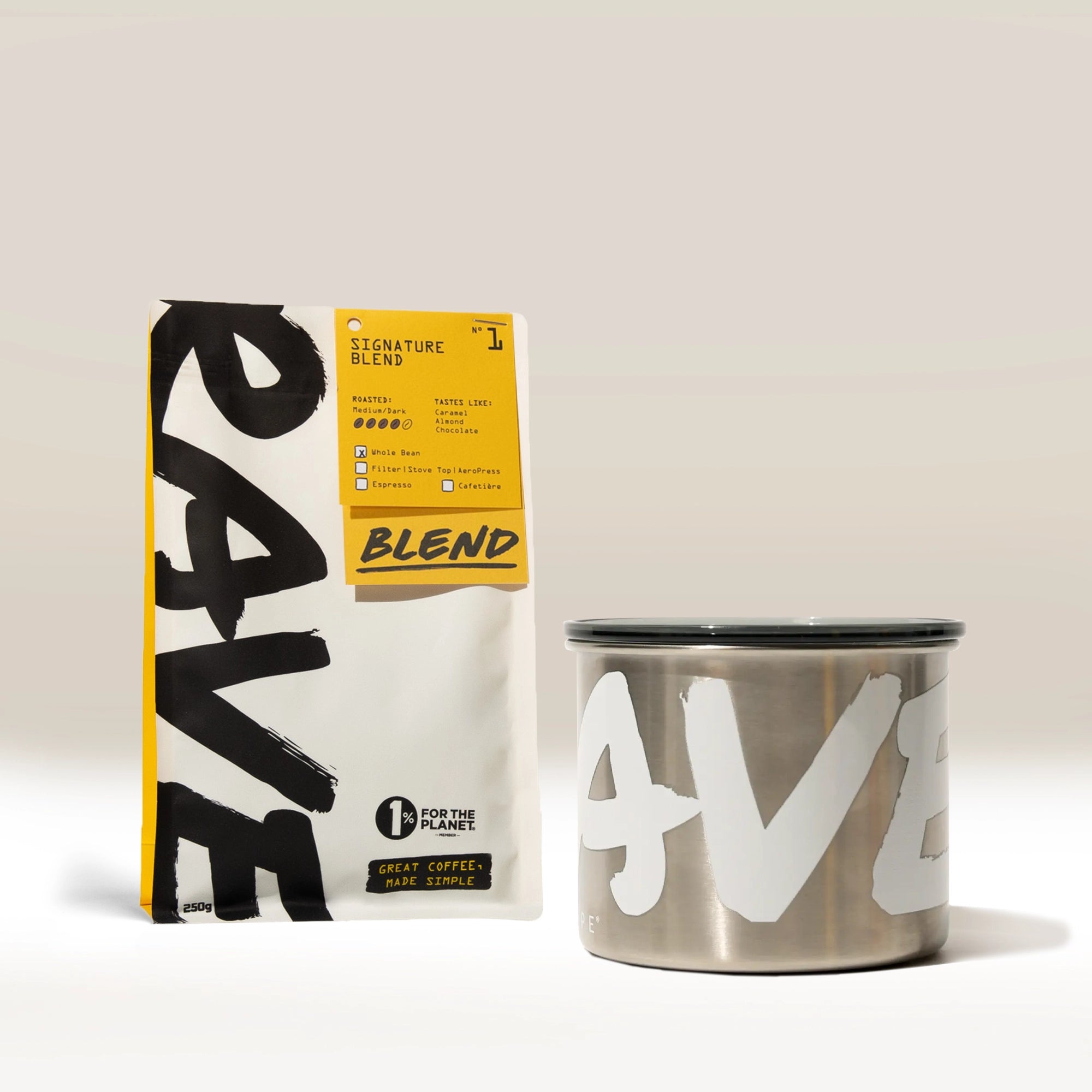 Rave Coffee Airscape cutie cafea boabe 250g negru pe alb