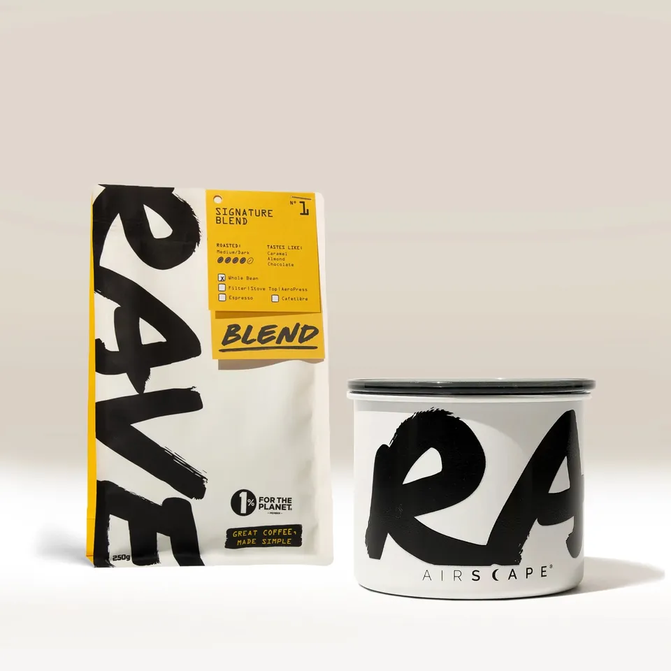 Rave Coffee Airscape cutie cafea boabe 250g negru pe alb