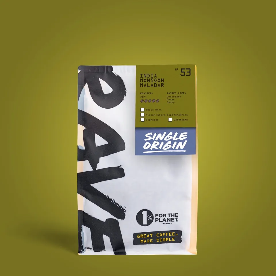 Rave Coffee Indian Monsoon Malabar Nº 53 cafea boabe 250g prăjire închisă
