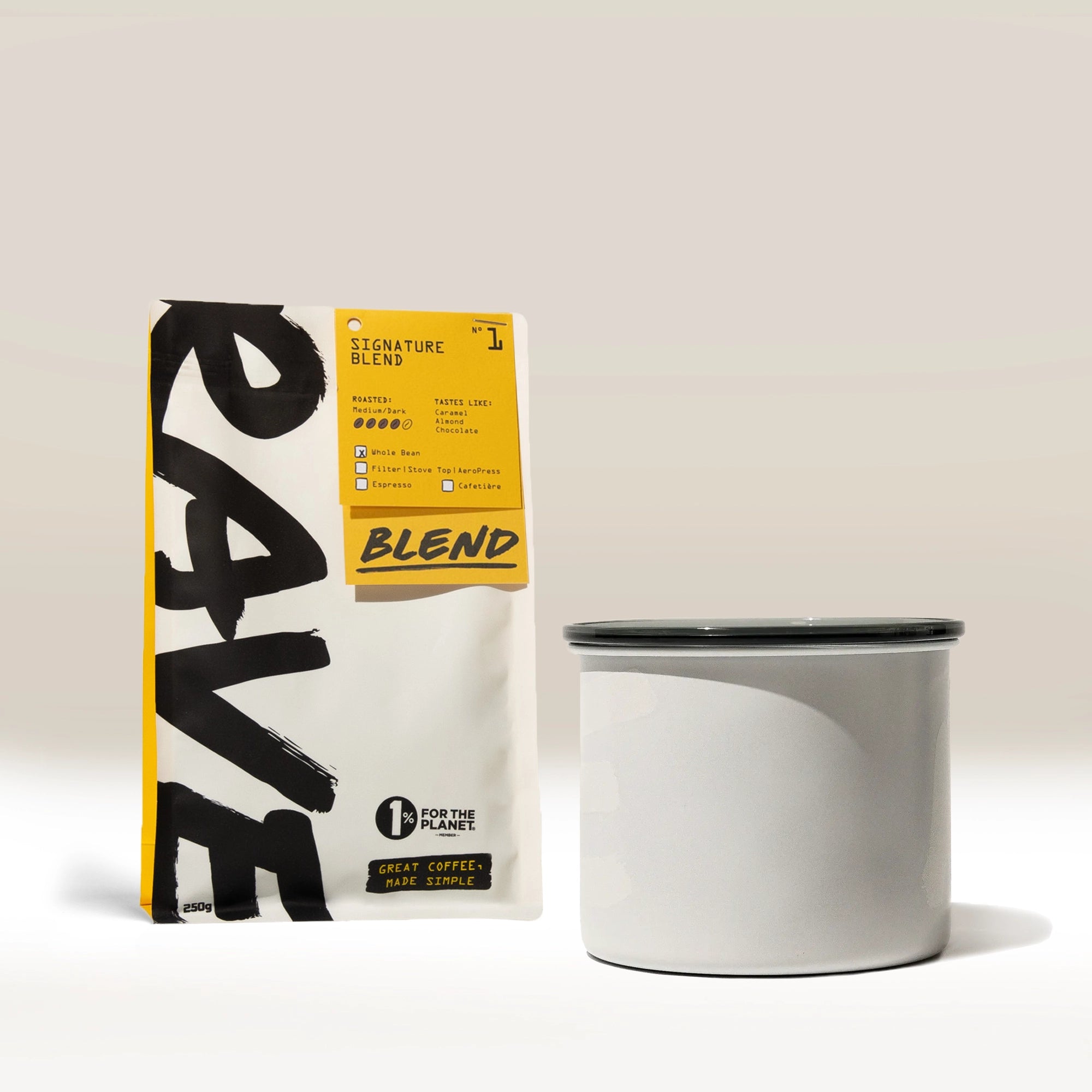 Rave Coffee Airscape cutie cafea boabe 250g negru pe alb